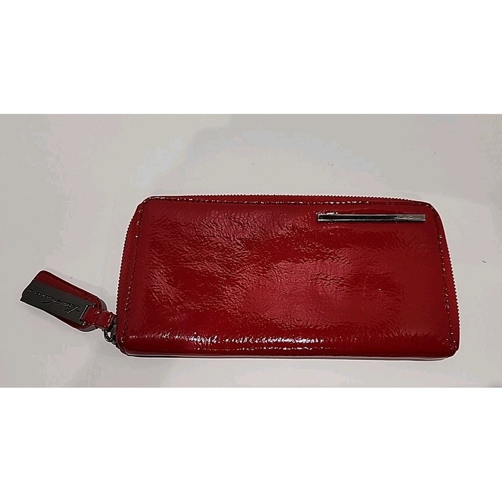 Kenneth Cole Wallet Clutch Red Leather Zip Around Black Snake Print Interior